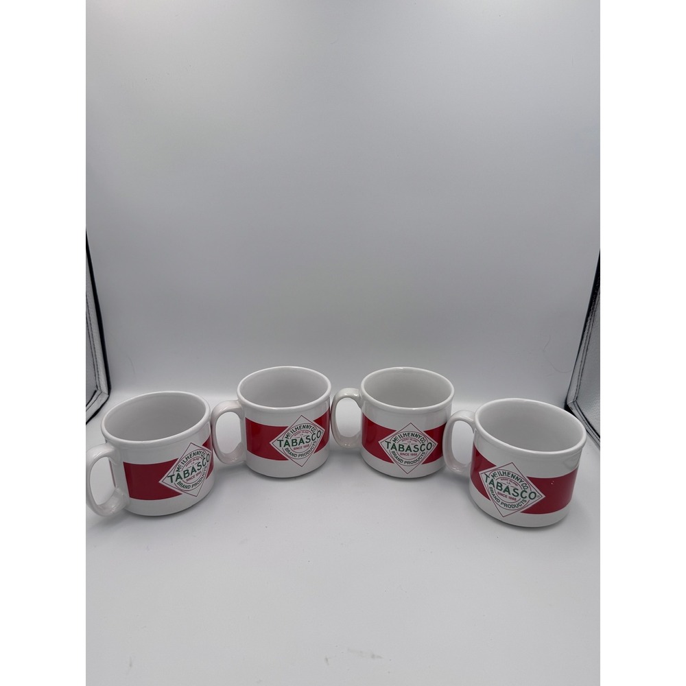 Tabasco Brand Ceramic Coffee Mugs Set of 4 Dat'l Do-It White Red Logo 10oz‎